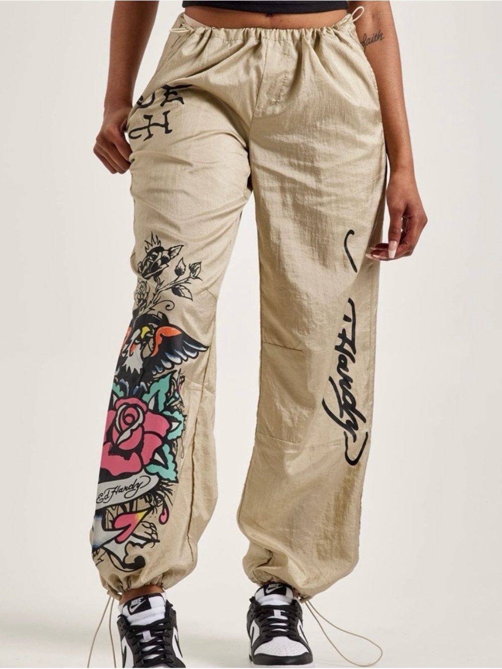 Ed Hardy Beige Track Pants with Bold Tattoo-Style Print